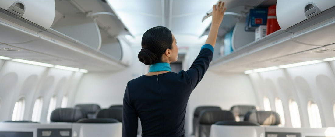Una azafata (TCP) con uniforme azul oscuro, vista desde atrás, estira el brazo para revisar el compartimento de equipaje superior.