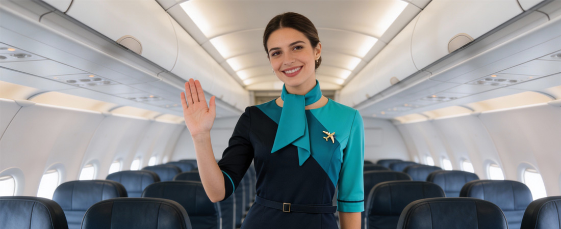 Azafata sonriente y saludando con la mano dentro de la cabina de un avión comercial