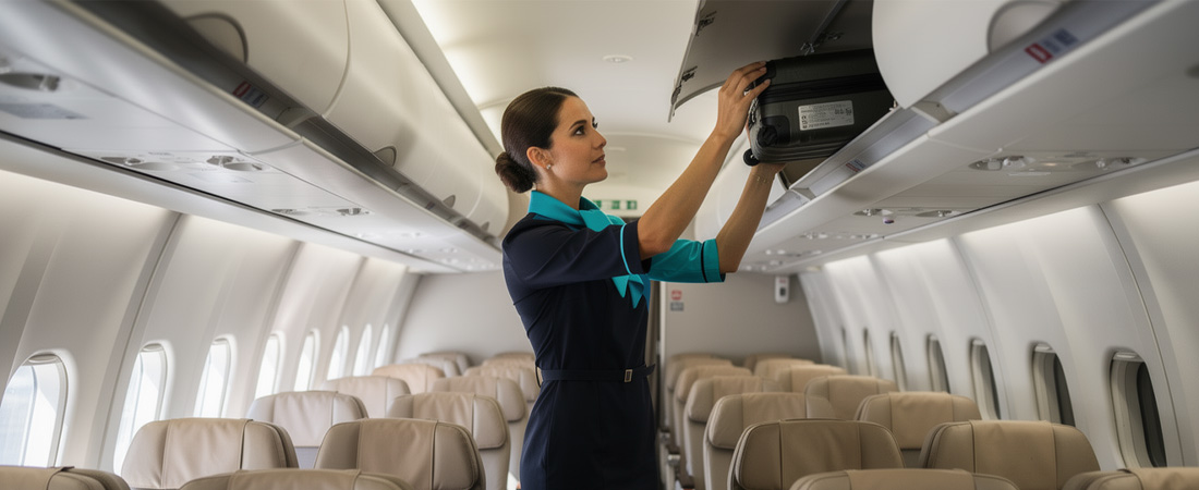 Tripulante de cabina de perfil colocando cuidadosamente una maleta.
